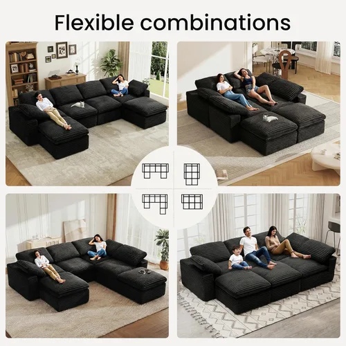 Vista 4 de KKL Sofá modular de 150 pulgadas, sofá modular en forma de U con otomana, sofá de pana sin hueso para sala de estar y dormitorio, sofá modular Negro