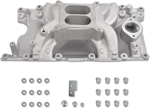Vista 11 de Colector de admisión de doble plano satinado Compatible con SBC de bloque pequeño Chevy 265 350 400 de 1956-1986