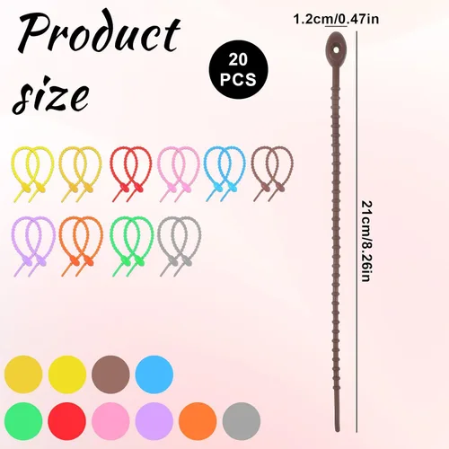 Vista 2 de 20 bridas de silicona coloridas, bridas reutilizables de 8 pulgadas, lazos ajustables multiusos para sellar bolsas de plástico, cables y cables
