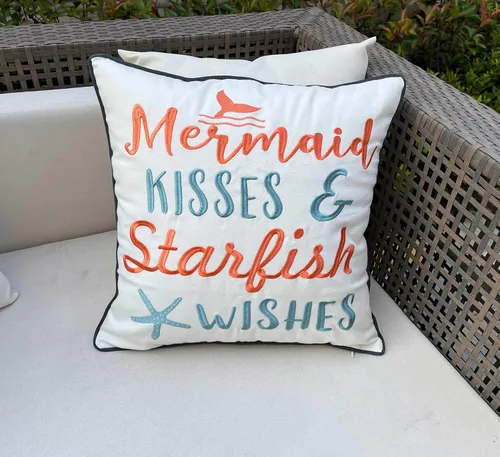 Vista 2 de Funda de almohada bordada con diseño de besos de sirena y deseos de estrella de mar, cuadrada de 18 pulgadas, funda de almohada decorativa de lona