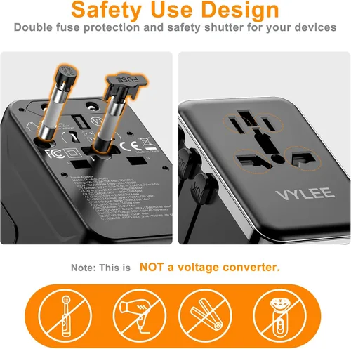 Vista 12 de Adaptador de Viaje Universal, VYLEE Adaptador de Enchufe Internacional de 45W con Carga Rápida PD, 5 Puertos (1 AC/1 USB-A/3 USB-C), Cargador