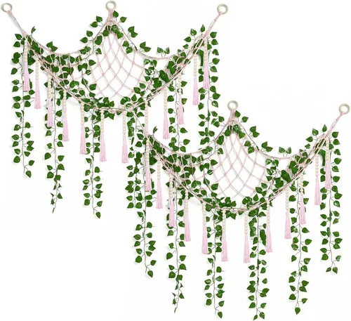 Vista 9 de Suncalla Hamaca de red de almacenamiento de juguetes de peluche grande, 8 piezas, con enredaderas falsas, guirnalda de hiedra artificial, decoración