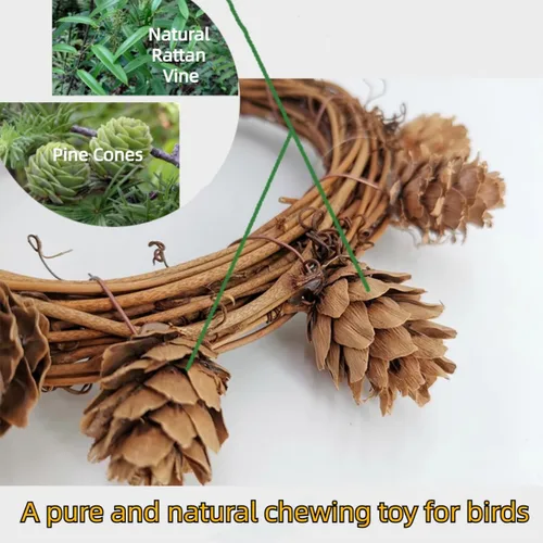 Vista 3 de MANON ROSA Juguetes para escalar con columpio de pájaros, soporte redondo de madera natural con decoración de cono de pino para periqueros cuáqueros