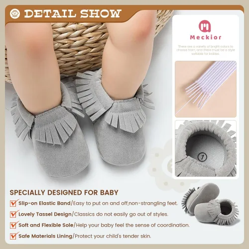 Vista 5 de Meckior Mocasines de primera calidad con borla y lazo para bebés y niñas, con suela suave, antideslizante, para cuna, bautizo, zapatos, Negro