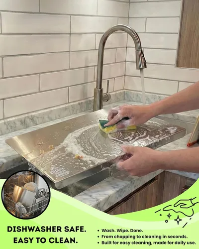 Vista 4 de Tabla de cortar de acero inoxidable para cocina, tabla de cortar de metal extra grande con borde de encimera, resistente grado alimenticio 304