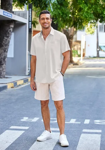 Vista 4 de Coofandy - Camisas casuales de lino para hombre, de manga corta, con botones, para verano y playa