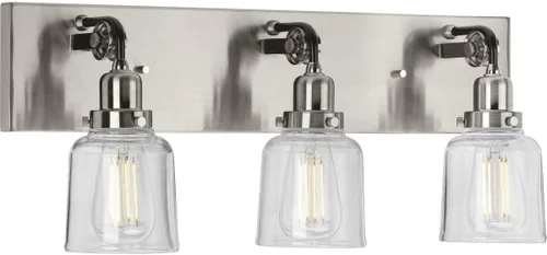Vista 32 de Progress Lighting Rushton Collection - Lámpara de tocador de baño de cristal transparente (1 lámpara), níquel cepillado