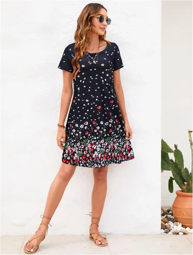 Vista 5 de Sherosa - Vestido de verano sin mangas o con manga corta, estampado floral, con bolsillos, casual, suelto, con vuelo, vestido estilo camiseta