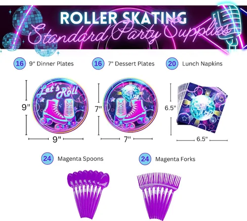 Vista 2 de Paquetes de suministros para fiestas de patinaje sobre ruedas (100 piezas para 16 invitados), fiesta de patinaje sobre ruedas, suministros de fiesta