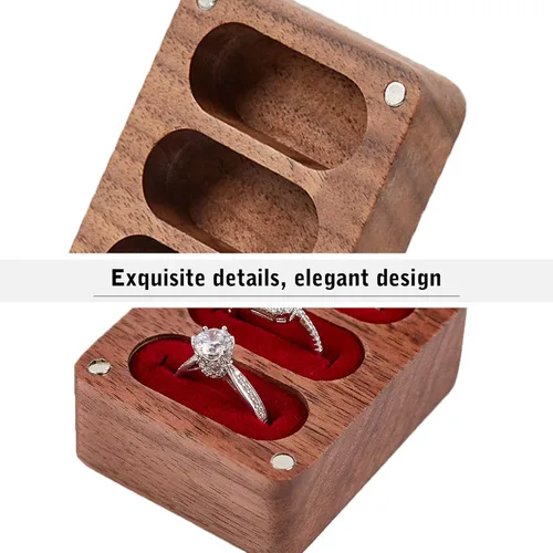 Vista 5 de Always & Forever - Caja de 3 ranuras para boda, ceremonia, compromiso, cumpleaños, caja de portador de anillos de madera de nogal grabada, forro