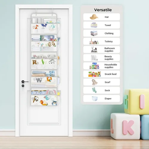 Vista 2 de Clastyle Organizador sobre la puerta del alfabeto de animales, diseño de león, mono, 5 estantes, armario, guardería, estantes colgantes, ropa