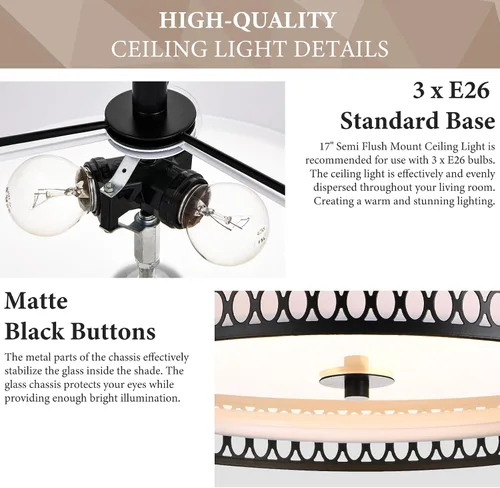 Vista 5 de Lámpara de techo semiempotrada de 17 pulgadas, moderna iluminación de techo E26 de doble tambor de 3 luces con jaula de malla de hierro negro mate