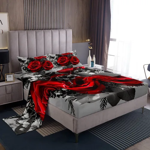 Vista 17 de Juego de sábanas de rosas rojas, tamaño individual, juego de sábanas florales de color rojo degradado y negro para niñas, mujeres, niños