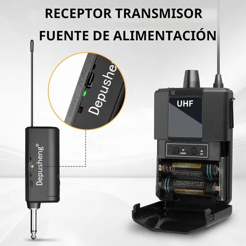 Vista 5 de Depusheng Sistema de auriculares inalámbricos UHF - Sistema de micrófono inalámbrico con micrófonos de solapa Lavalier, rango de 200 pies, enchufe