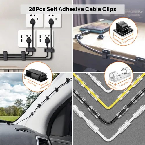 Vista 4 de Kit de organización de cables, 4 fundas para cables, 28 clips autoadhesivos, 29 soportes para cables, 10+2 rollos de correas organizadoras de cables