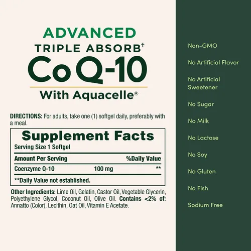 Vista 5 de Nature's Bounty Advanced Triple Absorb Co Q-10, salud del corazón, cápsulas blandas de liberación rápida, 90