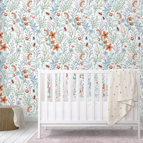 Vista 2 de VEELIKE Beetles - Papel tapiz floral para despegar y pegar, papel tapiz de flores azules y naranjas para dormitorio y baño, papel de contacto floral