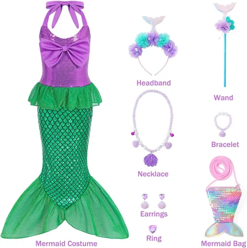 Vista 3 de Disfraz de sirena para niñas, disfraz de Halloween para niñas, disfraz de princesa Ariel, fiesta de cumpleaños