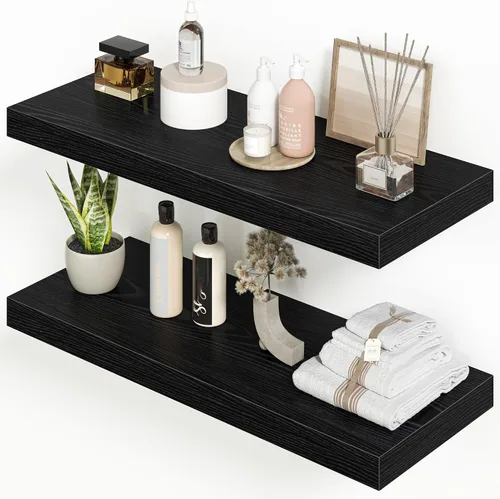 Vista 27 de Heimlove Juego de 2 estantes flotantes de 16 pulgadas para pared, estante negro para baño pequeño, dormitorio, sala de estar, cocina, decoración