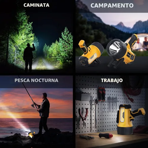 Vista 3 de FORTO Foco recargable, 200000 lúmenes, luz de mano con soporte plegable, 6 modos IPX7, impermeable, luces LED para pasear al perro, caza, camping