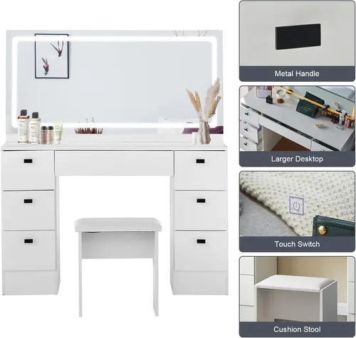 Vista 8 de CLIPOP Escritorio de tocador de maquillaje con espejo iluminado grande, mesa de maquillaje con 7 cajones, toma de corriente, control táctil, 3 modos
