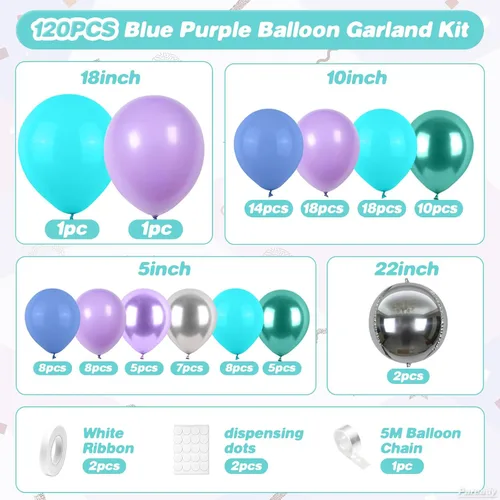 Vista 2 de Kit de arco de globos de sirena, 120 piezas kit de arco de guirnalda de globos azules y morados con globos plateados de aluminio 4D, verde azulado