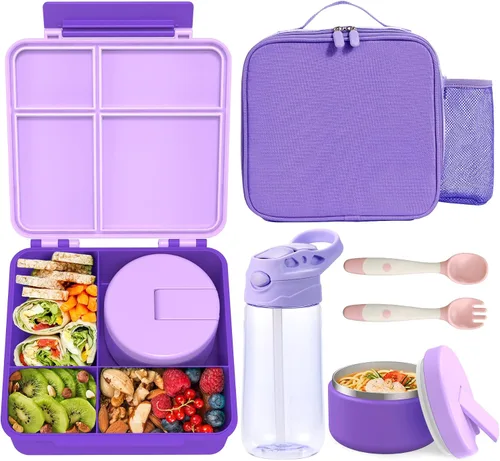 Vista 8 de Caja de almuerzo Bento para niños con termo para sopa de 8oz, botella de agua, contenedores de comida para almuerzo a prueba de fugas para niños