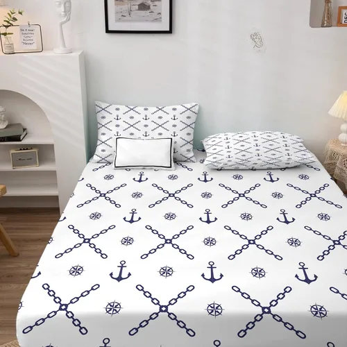 Vista 2 de NOGAWA Anchor Sheets - Juego de sábanas y fundas de almohada de tamaño individual, color blanco náutico, sábanas y fundas de almohada estampadas