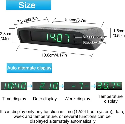 Vista 3 de Kakalote Reloj de coche LCD alimentado por energía solar, reloj luminoso para tablero de instrumentos con brillo ajustable, fecha, pantalla de luz