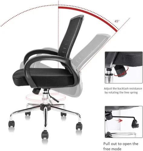 Vista 2 de Silla ergonómica giratoria de malla negra para computadora, brazos abatibles, con soporte lumbar, altura ajustable