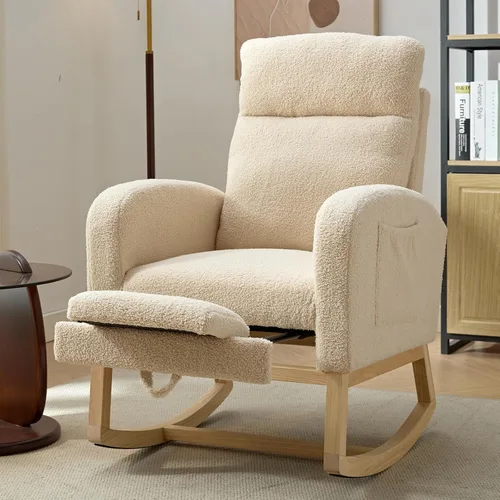 Vista 15 de NIOIIKIT Mecedora Moderna para Guardería, Mecedora Tapizada Teddy con Reposapiés, Cómoda Mecedora Deslizante con Bolsillo Lateral para Sala