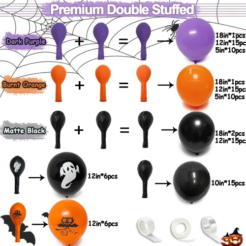 Vista 3 de Kit de arco de globos de color morado y naranja, guirnalda de globos de doble relleno, color morado y naranja quemado, negro, para Halloween