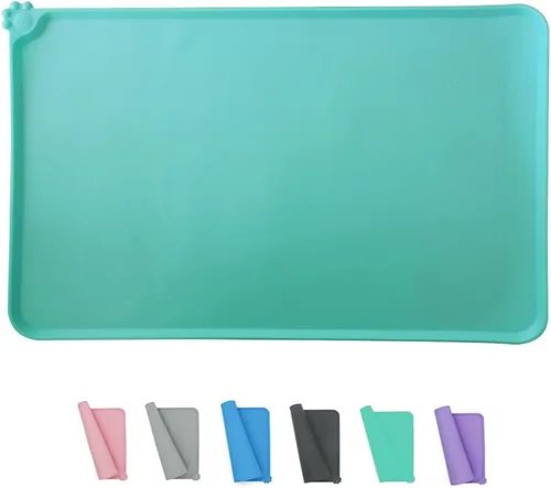 Vista 10 de Tapete de silicona para alimentación de mascotas, impermeable, para perros y gatos, bordes elevados para evitar derrames, bandeja individual Negro
