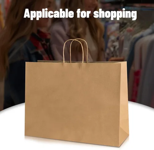 Vista 7 de bagmad Paquete de 50 bolsas grandes de papel kraft de 16 x 6 x 12 pulgadas, color marrón natural liso con asas, a granel para compras, bodas