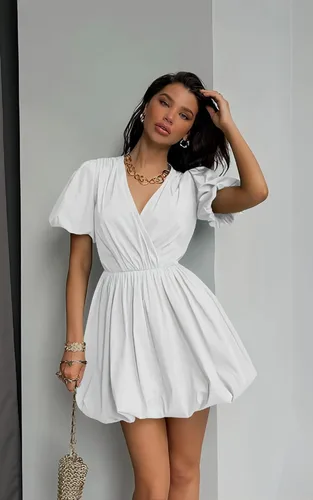 Vista 2 de PRETTYGARDEN Vestido corto de verano para mujer, manga abombada, con volantes, cuello en V, línea A, vestido cruzado