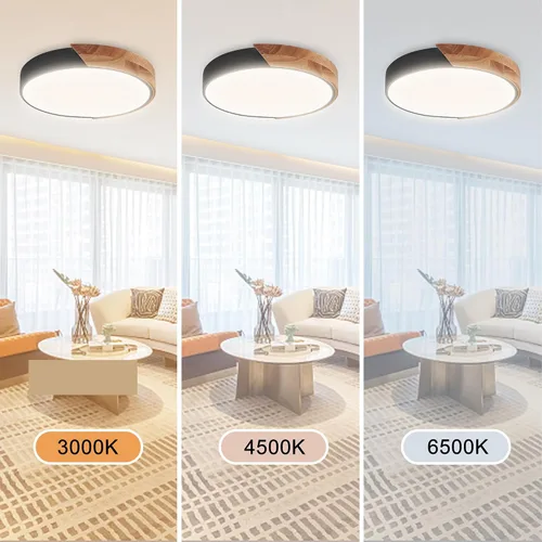 Vista 2 de Lámpara de techo LED de madera de montaje empotrado, 3CCT 3000K-6500K moderna negra cerca de las luminarias del techo, lámpara de techo redonda