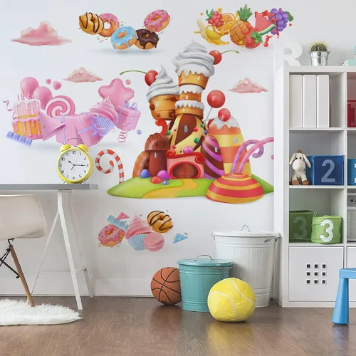 Vista 3 de Pegatinas de pared de castillo de helados y dulces Calcomanías removibles para tartas de frutas, decoración de fiesta de Navidad, guardería