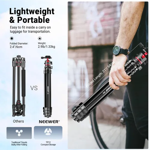 Vista 2 de NEEWER Basics - Trípode de viaje de 66.5"/169 cm para cámara, soporte DSLR portátil ligero con cabeza de bola, placa QR tipo Arca, soporte