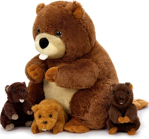 Vista 7 de MaoGoLan 4 animales de peluche de castor con tres bebés en el interior, regalo de felpa de castor gigante esponjoso de 17.7 pulgadas, divertidos