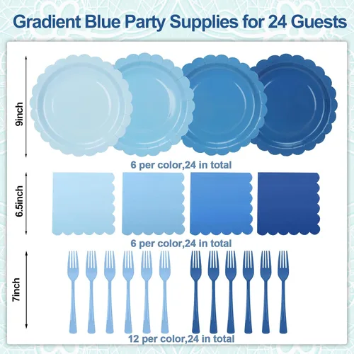 Vista 3 de Platos y servilletas de papel azul, incluye 24 platos azules degradados de 9 pulgadas, servilletas, tenedores, suministros de fiesta