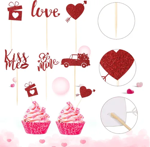 Vista 3 de Pajean 60 piezas de decoración para cupcakes para el día de San Valentín con purpurina roja y corazón de amor, beso me Lip Be Mine, caja de regalo