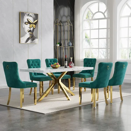 Vista 86 de HomVent - Juego de mesa de comedor de mármol sintético de 68 pulgadas con 4 sillas de terciopelo para cocina Modern Rectangular Faux Marble