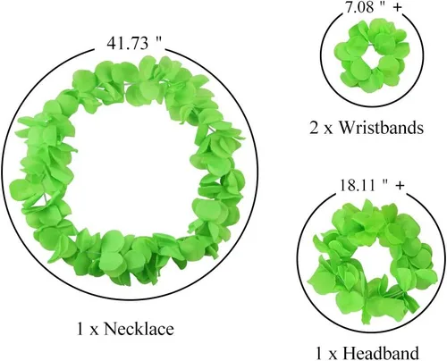 Vista 5 de Hangnuo Juego de 5 piezas de falda hula hawaiana con hojas verdes, collar, pulseras, diadema, recuerdos de fiesta Luau para adultos, mujeres
