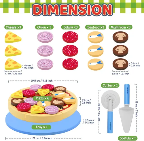 Vista 5 de Conjunto de Comida de Juguete de Pizza de Madera - 24 Piezas de Juguetes de Corte, Accesorios de Cocina de Juego de Simulación para Niños Pequeños