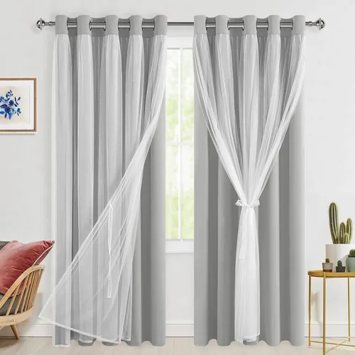 Vista 104 de Hiasan Cortinas opacas con superposición transparente, aislamiento térmico para mezclar y combinar de doble capa, cortinas de oscurecimiento de Beige