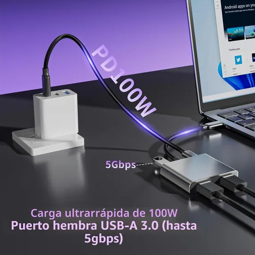 Vista 5 de Adaptador USB C a HDMI dual Divisor HDMI de 4K a 60Hz Pantalla extendida para monitores duales, adaptador multimonitor con USB y PD de 100 W