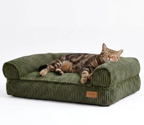 Vista 15 de FUKUMARU Sofá cama para perros, acogedora cama de pana para gatos de interior con funda lavable, cama ortopédica impermeable de 28 pulgadas