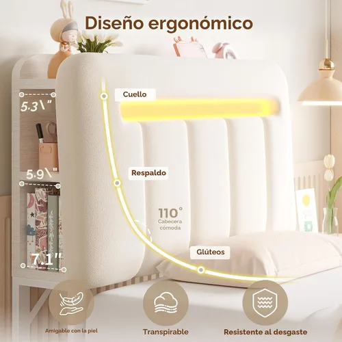 Vista 7 de Jocoevol Base de cama individual con cabecera de almacenamiento para niños, marco de cama tapizado blanco tamaño individual con cajones de Beige