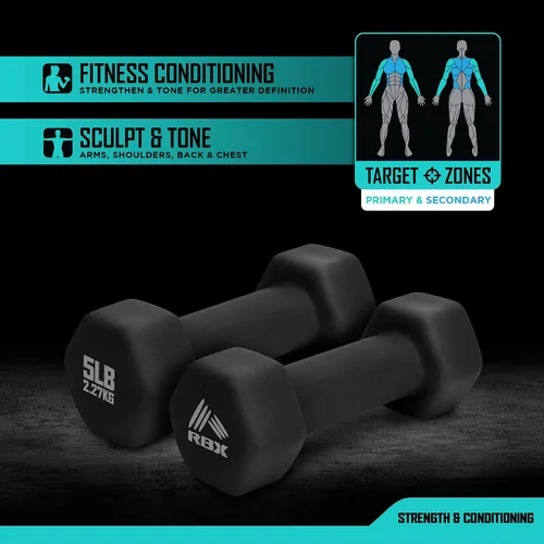 Vista 2 de RBX - Juego de mancuernas de neopreno con agarre antideslizante, equipo de entrenamiento de fuerza para el hogar o el gimnasio, no ruedan