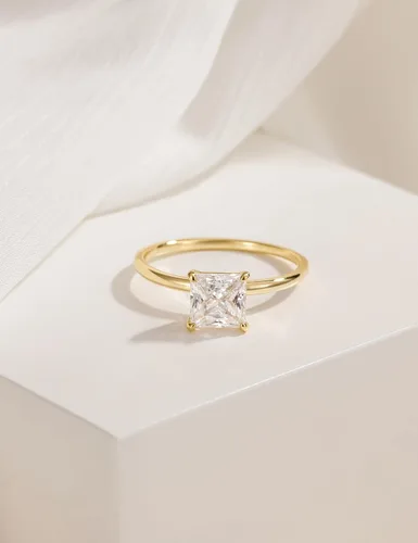 Vista 2 de EAMTI Anillos de compromiso de plata de ley 925 de 2 quilates, corte princesa, circonita cúbica, anillos de promesa de boda para ella latón-oro